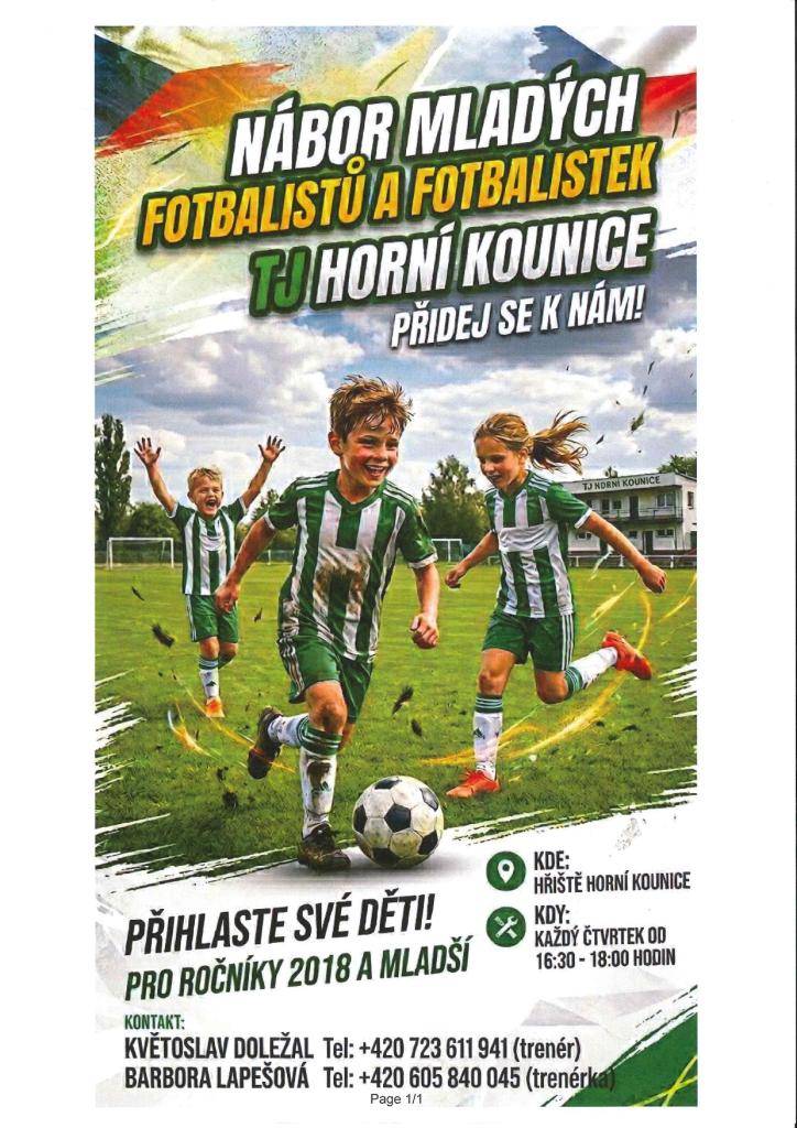 Pro ročníky 2018 a mladší, každý čtvrtek od 16:30 do 18:00 hod. na hřišti v Horních Kounicích