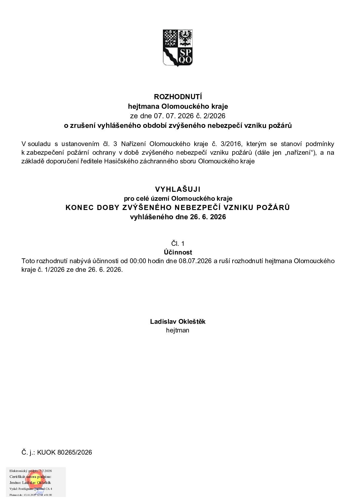 Rozhodnutí hejtmana Olomouckého kraje ze dne 26. 6. 2026, č. 2/2026 o zrušení vyhlášeného období zvýšeného nebezpečí vzniku požárů. HZS Olomoucký kraj | www.hzscr.cz/hzs-olomouckeho-kraje