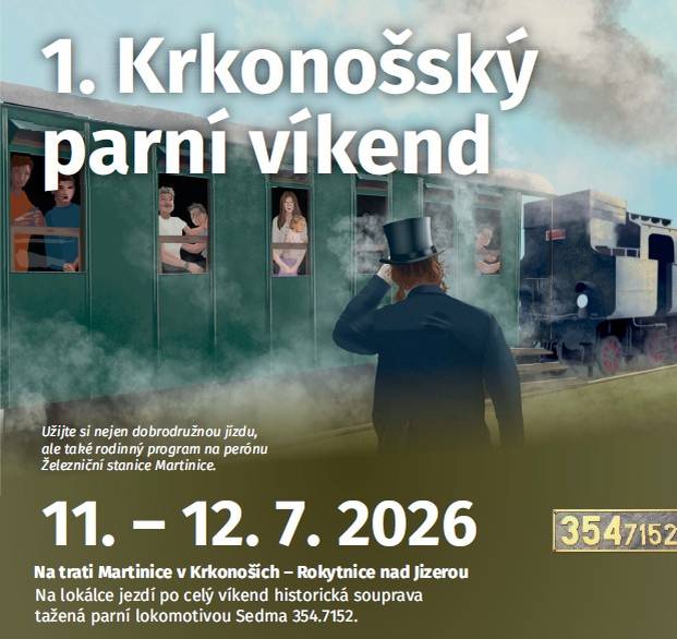O víkendu 11. - 12.7.2026 bude na trati  Martinice v Krkonoších - Rokytnice nad Jizerou jezdit parní vlak.
