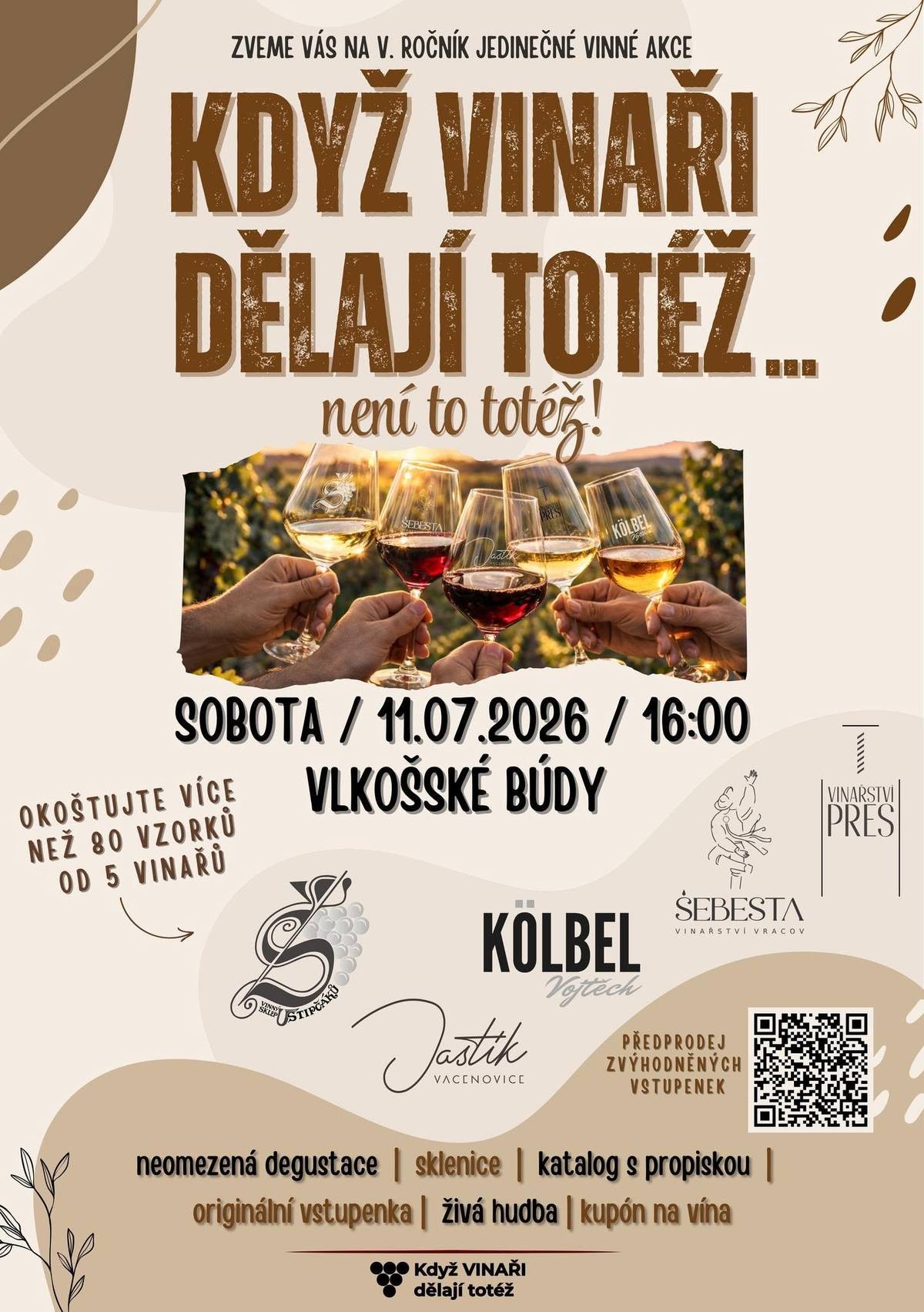 Organizátoři letní akce „Když vinaři dělají totéž, není to totéž“ zvou občany v so 11.7. od 16 hod. do Vlkošských búd na akci plnou vína, hudby a dobrého jídla. Na jedno místě ochutnáte vína od pěti vinařů – stejné odrůdy, stejný region, a přitom pět různých rukopisů, příběhů a chutí. Zdravotní středisko Vlkoš MUDr. Mária Spáčilová a MUDr. Petr Spáčil oznamují, že v termínu od 13.- 31.7. nebudou ordinovat z důvodu dovolené. Nutné případy ošetří MUDr. Hofrová ve Vracově.   Kominictví Urbášek oznamuje, že bude v naší obci dne 15.7.2026 provádět povinnou, každoroční kontrolu a čištění komínů a spalinových cest pro spotřebiče na pevná a plynná paliva. Cena za čištění a kontrolu včetně zprávy bude 550 Kč. Zájemci se mohou objednávat na telefonním čísle 704 657 599  (Po-Pá od 8:00-15:00)  Po domluvě je možné provést i frézování, vložkování a výstavbu nových komínových těles.