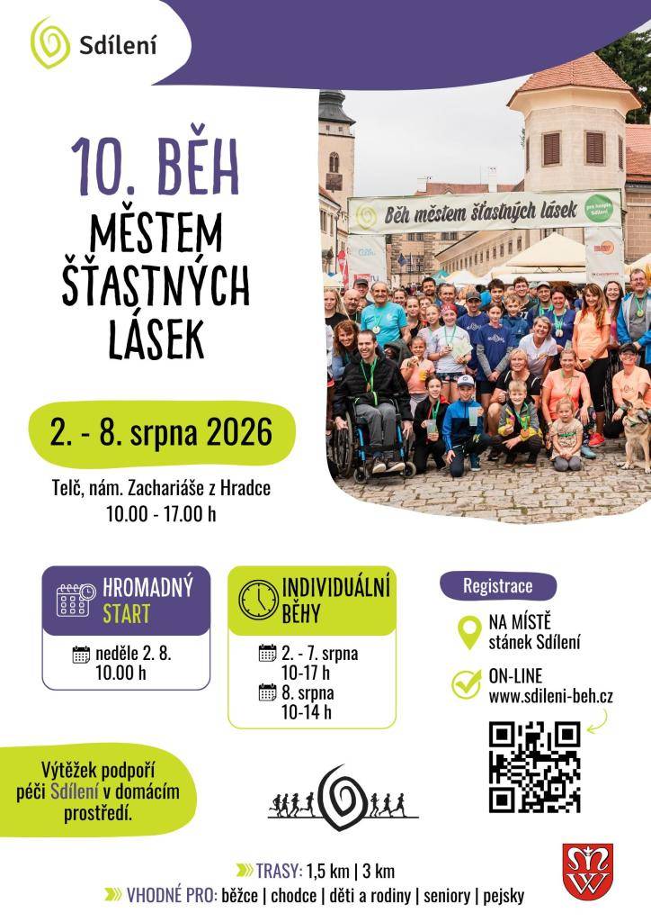 V Telči se od 2. do 8. srpna 2026 koná akce 'Městem šťastných lásek', která zahrnuje hromadný běh. Akce nabízí trasy o délce 1,5 km a 3 km a je vhodná pro běžce, chodce, rodiny, seniory i jejich čtyřnohé miláčky.