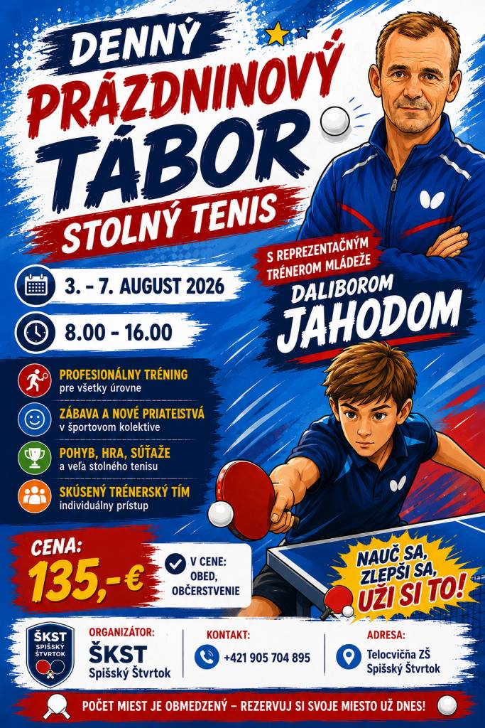 Denný prázdninový tábor - stolný tenis v Spišskom Štvrtku v termíne od 3. – 7. augusta 2026.