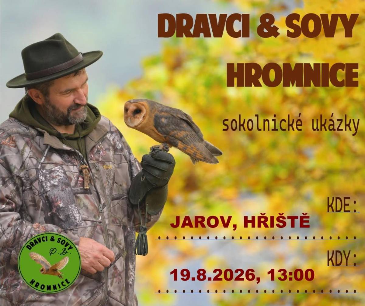 V rámci pořádání Příměstského tábora Jarovánek se dne 19. 8. 2026 od 13:00 hod. uskuteční na hřišti v Jarově sokolnické ukázky. Na tuto akci jsou srdečně zváni všichni občané.