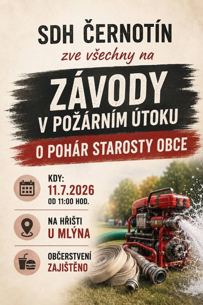 SDH Černotín pořádá v sobotu 11. července od 11 hodin na hřišti U Mlýna závody v požárních útocích zařazených do Velké ceny OSH Přerov.