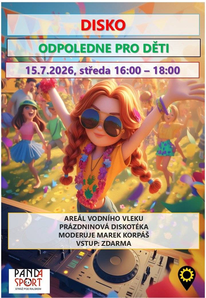 Zveme všechny děti na prázdninové taneční odpoledne v areálu Vodního vleku. 📅 15. 7. 2026 🕓 16:00–18:00 📍 Areál Vodního vleku Moderuje Marek Korpáš. Vstup je zdarma. Těšíme se na Vaši návštěvu.