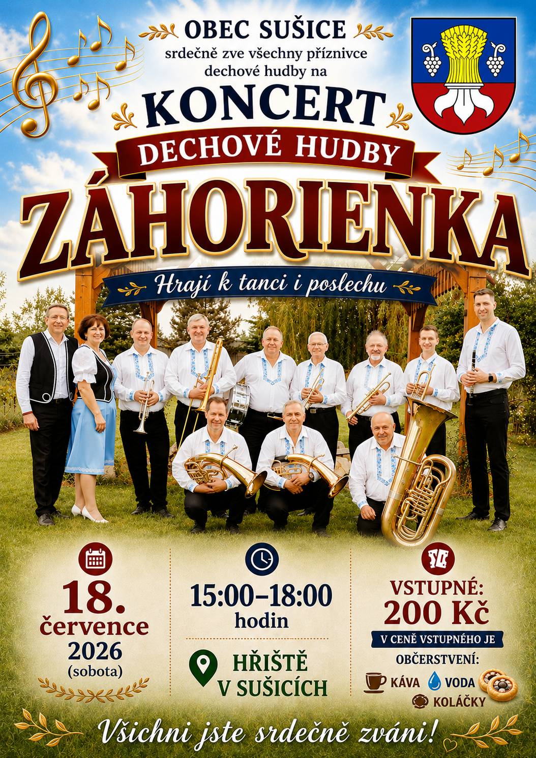 Obec Sušice zve všechny příznivce dechové hudby na koncert dechové hudby Záhorienka.