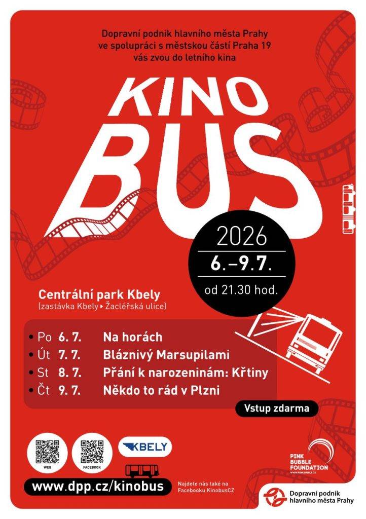 Centrální park opět ožije filmem! Přijďte strávit nezapomenutelný večer s promítáním pod širým nebem. Legendární Kinobus je opět tu! Promítání od 21:30: • Po 6. 7. Na horách • Út 7. 7. Bláznivý Marsupilami • St 8. 7. Přání k narozeninám: Křtiny • Čt 9. 7. Někdo to rád v Plzni Vstup je zdarma.