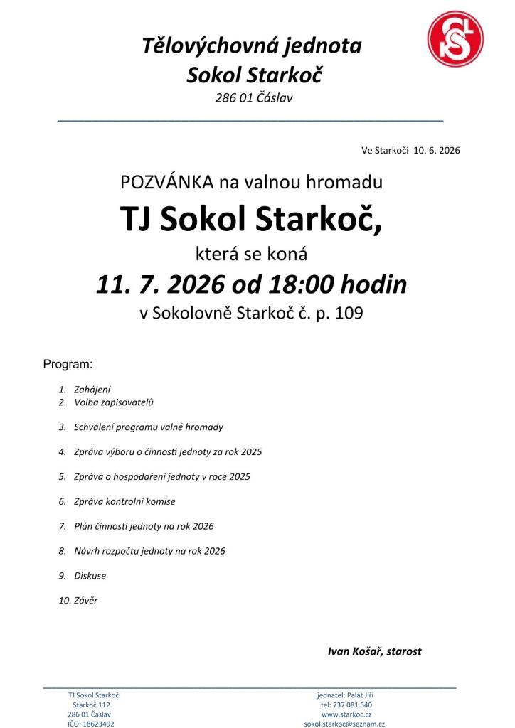 11. 7. 2026, od 18:00 hod na sále místní Sokolovny