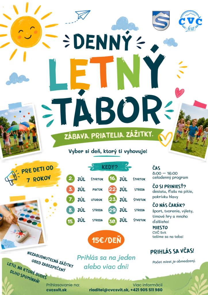 Denný letný tábor pre deti od 7 rokov, denne od 8.00 do 16.00 hod. s celodenným programom.