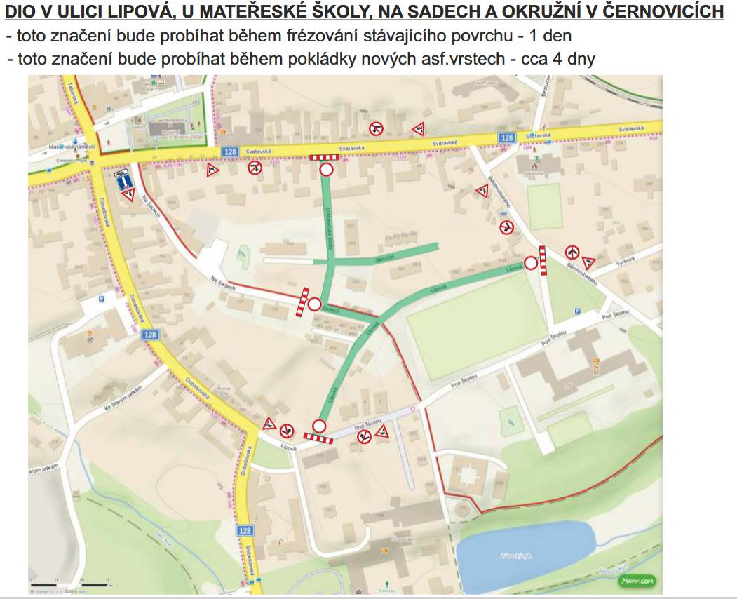 Dle informace zhotovitelské firmy Vialit Soběslav spol. s r. o. bude od pátku 10. 7. zahájena pokládka asfaltových vrstev v ulicích U Mateřské školy, Lípová, Okružní a Na Sadech (před garážemi).