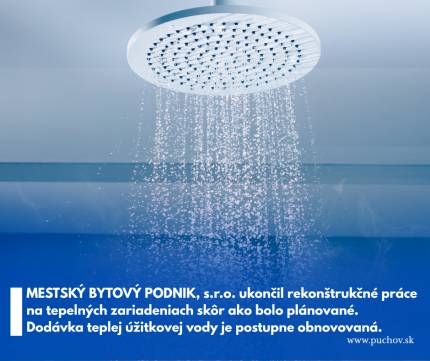 MESTSKÝ BYTOVÝ PODNIK, s.r.o. oznamuje, že sa rekonštrukčné práce na našich tepelných zariadeniach podarilo ukončiť skôr ako bolo plánované. Dodávka t...