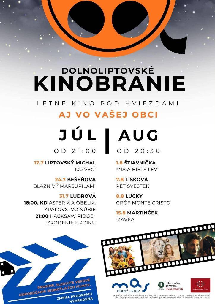 Milí občania a návštevníci, pozývame Vás na letné kino,ktoré sa bude konať aj u nás v obci ale aj v iných dedinách.