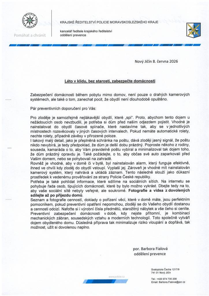 Preventivní článek - Zabezpečení domácností v době prázdni