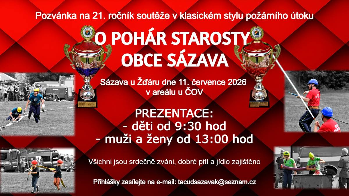 V sobotu 11.7. se uskuteční 21. ročník soutěže v požární klasice ,,O pohár starosty obce Sázava ''. Dopoledne od 9.30 bude soutěž dětí a od 13 hodin soutěž mužů a žen. Jídlo a pití zajištěno. Srdečně zvou sázavští hasiči.