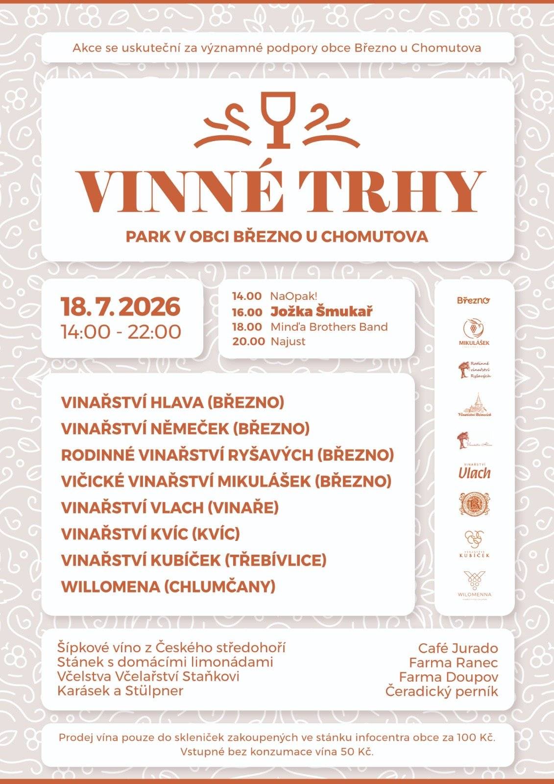 🍷 Vinné trhy v Březně jsou zpět! 🍷 Srdečně vás zveme na tradiční Vinné trhy, které se uskuteční v sobotu 18. července 2026 od 14.00 do 22.00 hodin v krásném parku v obci Březno. Čeká vás den plný skvělého vína od regionálních vinařů, výborného občerstvení, domácích dobrot a příjemné letní atmosféry. O hudební doprovod se postarají kapely NaOpak!, Jožka Šmukař, Mind’a Brothers Band a večer zakončí Najust. Přijďte si vychutnat to nejlepší z místních vinařství, posedět s přáteli a užít si pohodový letní den plný chutí, vůní a dobré nálady. 🍇 Těšíme se na vás v Březně!