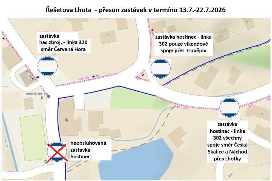 Od 13.7. do 22.7.2026 z důvodu opravy kanalizace a úplné uzavírky silnice mezi Studnicí a Řešetovou Lhotou dojde k odklonu autobusové dopravy. Více podrobností a jízdní řády naleznete v příloze této zprávy.