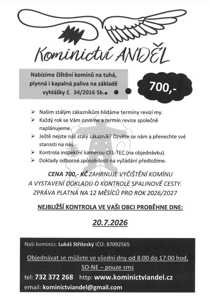 Kominictví ANDĚL - kontrola a čištění komínů dne 20.07.2026