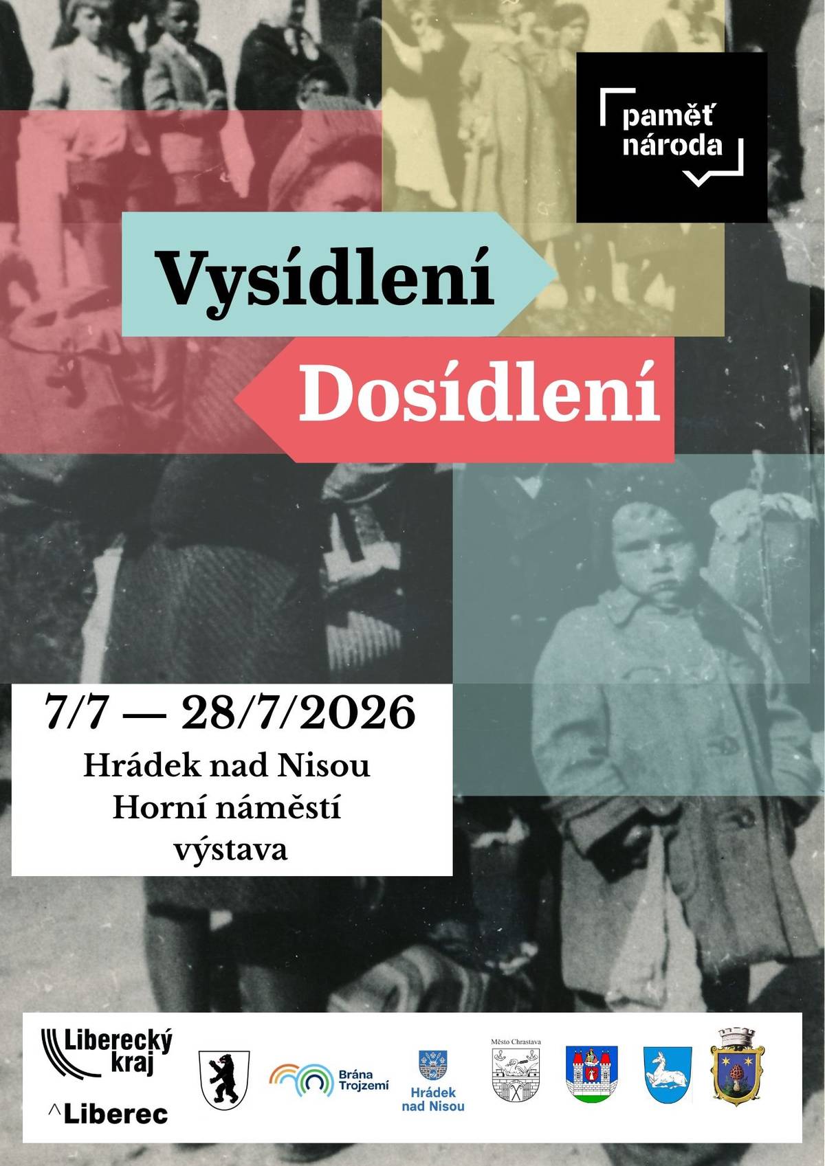 DOSÍDLENÍ A VYSÍDLENÍ   8. května 1945 skončila druhá světová válka v Evropě ... ... jenže „Válka nekončí posledním výstřelem.“     V roce 2025 jsme si v projektu „Nezapomeňme 80“ připomněli 80. výročí konce druhé světové války, která přinesla Evropě mnohé změny – v kontextu nové výstavy především úpravu hranic a odsun německy mluvícího obyvatelstva z Československa.     Jak probíhalo od ledna 1946 organizované vysídlování a osídlování opuštěných pohraničních oblastí novými obyvateli? Kým byl region na severu Čech dosídlen? A jak jsou důsledky této migrace milionů obyvatel a jejich sociální, demografické a hospodářské dopady viditelné ve společnosti a krajině kolem nás i dnes po 80 letech?   Mnohé odpovědi naleznete na putovní výstavě Paměti národa Severní Čechy.   Na Horním náměstí bude výstava k vidění do 28. července.