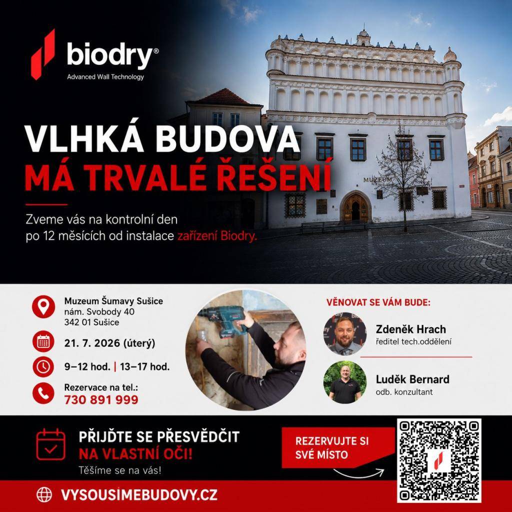 Zveme všechny zájemce na kontrolní den společnosti Biodry, kde se dozvíte více o možnostech trvalého řešení vlhkosti staveb. Součástí bude ukázka technologie, prostor pro vaše dotazy i možnost konzultace s odborníky.  Pokud vás téma zajímá nebo řešíte vlhkost ve svém domě, přijďte se podívat a získa