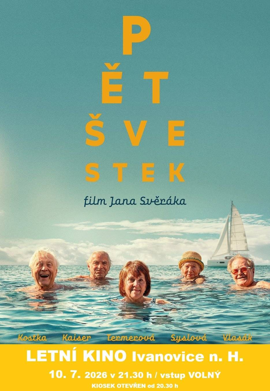 Letní kino Ivanovice na Hané Vás zve v pátek 10. 7. 2026 ve 21.30 h na novou českou komedii Jana Svěráka – PĚT ŠVESTEK. Hrají:  Oldřich Kaiser, Petr Kostka, Marek Adamczyk, Lenka Termerová, Jan Vlasák, Dana Syslová, Petra Špalková, Petr Lněnička, Judit Pecháček a další.  Vstup volný. Kiosek otevřen od 20.30 h. Hraje se za každého počasí.     Z důvodu konání soukromé akce bude v sobotu 11. července víceúčelový areál uzavřen. Děkujeme za pochopení