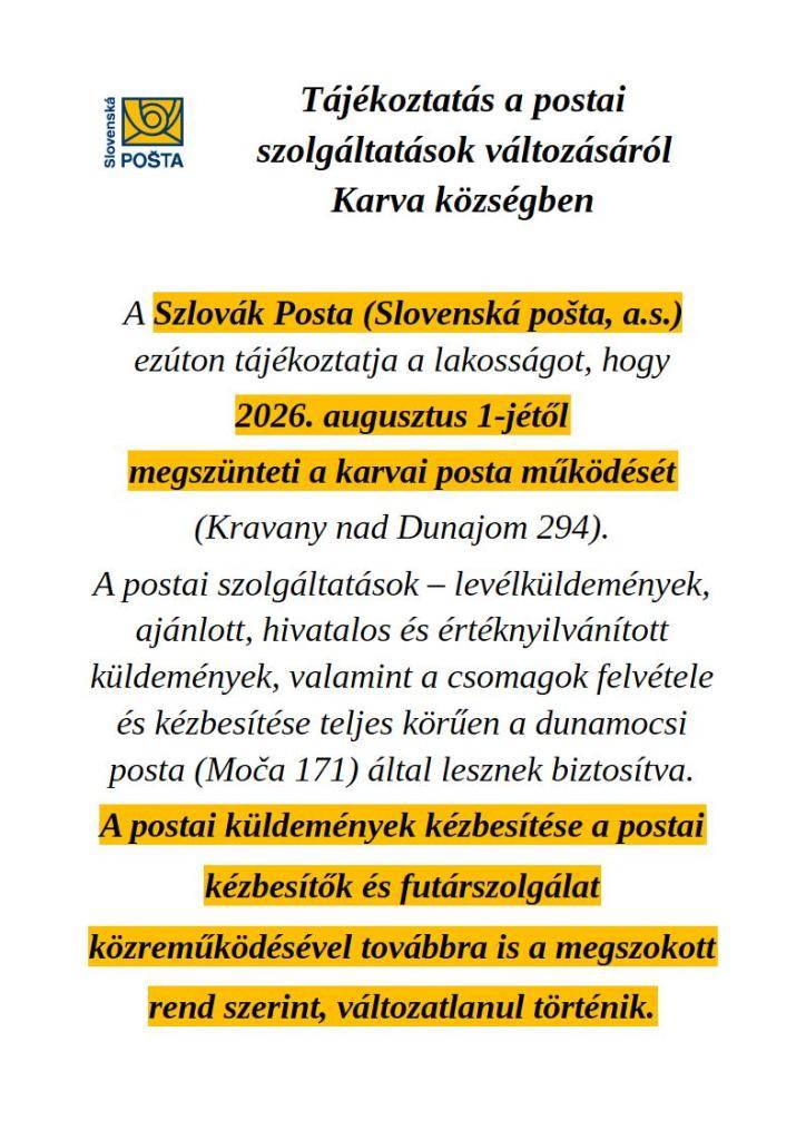 Tájékoztatás a postai szolgáltatások változásáról  Karva községbe