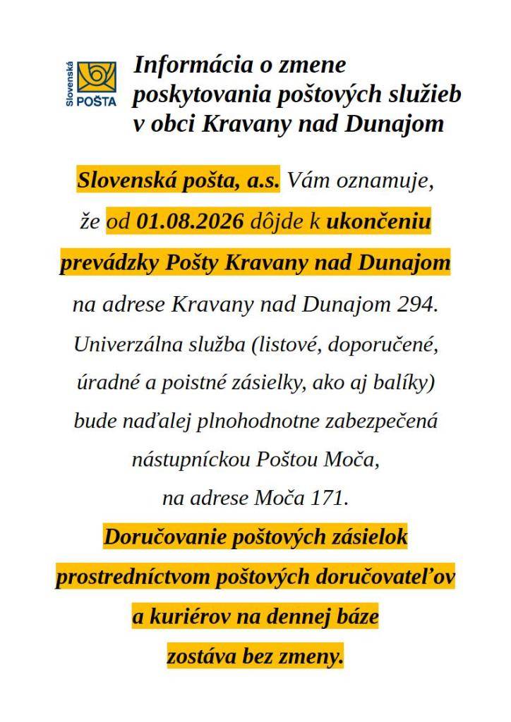 Informácia o zmene poskytovaní poštových služieb v obci Kravany nad Dunajom