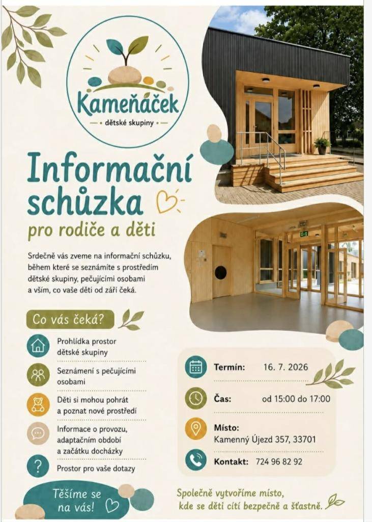 Srdečně Vás zveme na informační schůzku k blížícímu se zahájení provozu Dětských skupin Kameňáček - Bodlinek a Beránků.  Přijďte si prohlédnout naše nové prostory, seznámit se s pečujícími osobami a dozvědět se vše důležité o provozu, adaptačním období i začátku docházky.    Na co se můžete těšit?