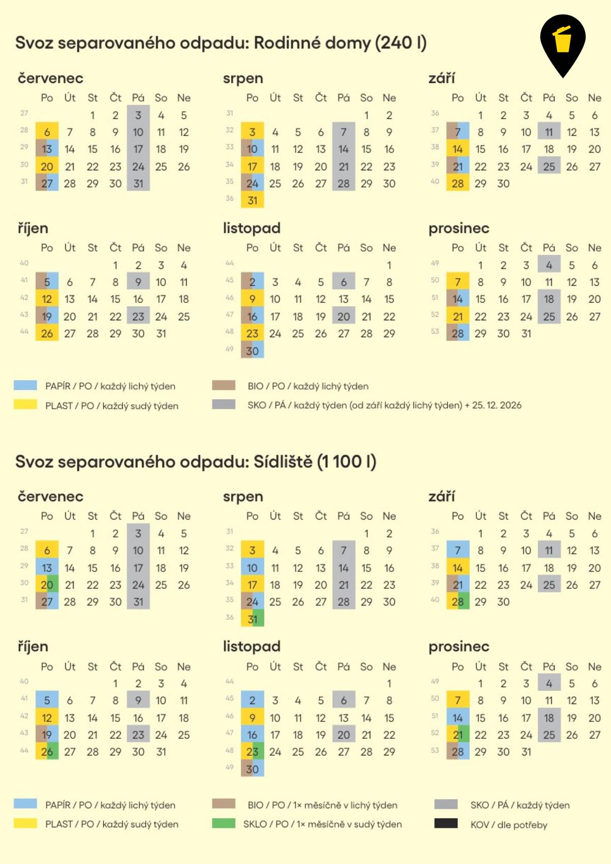 Od 1. července je na území města zajišťován svoz odpadů novou svozovou společností. V souvislosti s touto změnou dochází také k úpravě svozu některých druhů odpadů. 📅 Věnujte proto pozornost novému svozovému kalendáři. Obsahuje všechny termíny svozu přehledně vyznačené podle jednotlivých druhů odpadu. Jak se v kalendáři vyznat? 🟦 Papír (modrá nádoba) 🟨 Plast (žlutá nádoba) 🟫 Bioodpad (hnědá nádoba) ⬜ Směsný komunální odpad – SKO (černá nebo šedá nádoba) 🟩 Sklo (zelený kontejner – sídliště) ⬛ Kov (kontejner na kov – sídliště) ➡️ Barva v kalendáři vždy odpovídá barvě nádoby nebo kontejneru, který se v daný den vyváží. ❗ Neřiďte se dosavadním harmonogramem. Od 1. července platí nový svozový kalendář. Děkujeme, že si nové termíny zkontrolujete a nádoby přistavíte ve správný den.