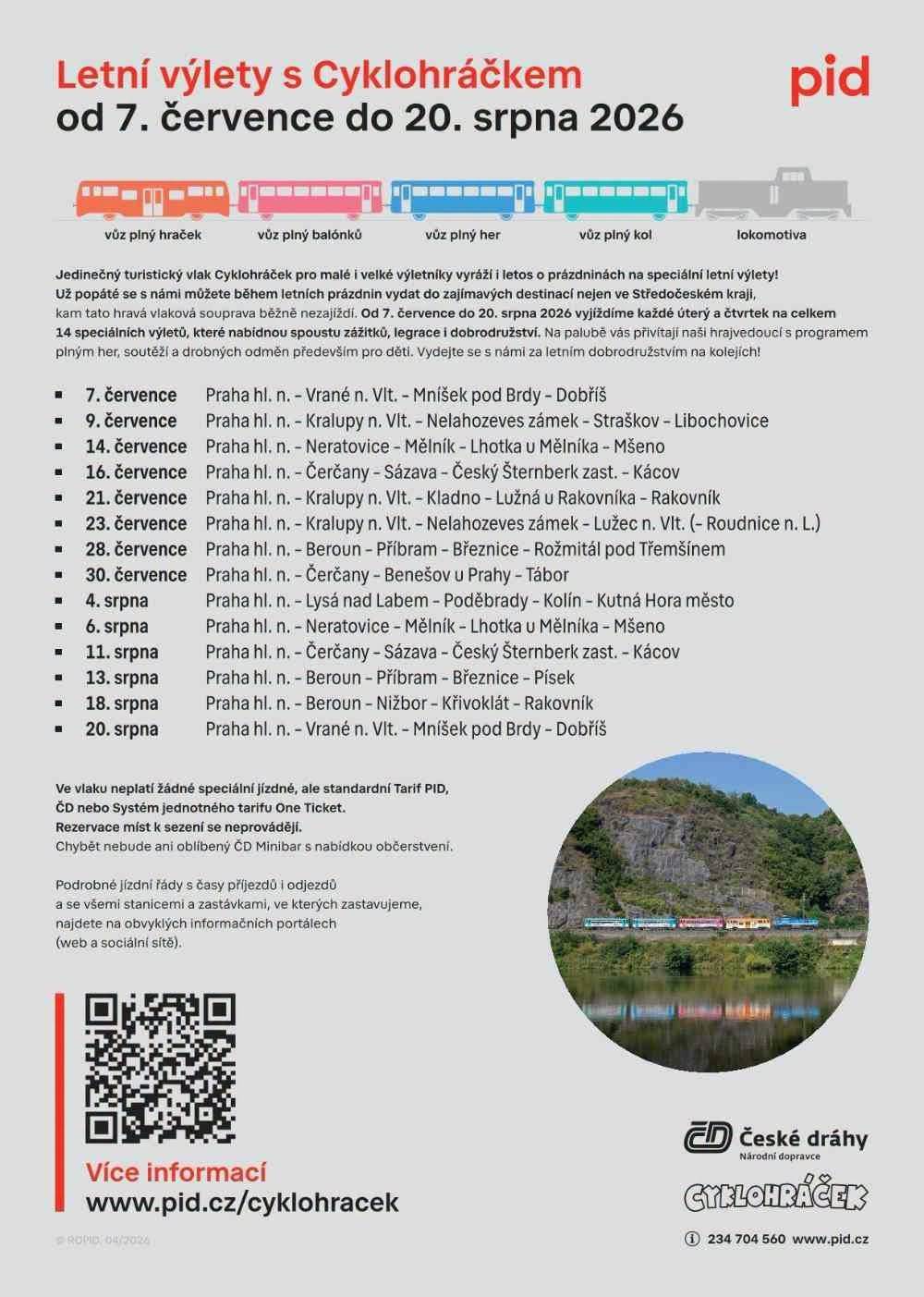 Nenechte si ujít letní výlety s Cyklohráčkem🚂 se zastávkou v Čerčanech ve 3 termínech:  🔹16. 7. Praha hl. n. - Čerčany - Sázava - Český Šternberk - Kácov 🔹30. 7. Praha hl. n. - Čerčany - Benešov - Tábor 🔹11. 8. Praha hl. n. - Čerčany - Sázava - Český Šternberk - Kácov  Podrobnosti naleznete na: https://pid.cz/zabava-a-zajimavosti/cyklohracek/