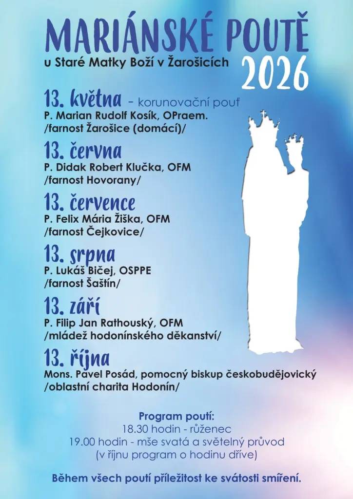 Na tuto pouť zveme krojovanou mládež, děti v kroji a všechny farníky, abychom důstojně a velkou účastí prezentovali naši farnost. Sraz všech krojovaných je v Žarošicích v 18:15 na faře, odkud se vyjde v 18:30 průvodem na růženec. V 19 hodin je mše svatá, po mši svaté bude světelný průvod obcí.