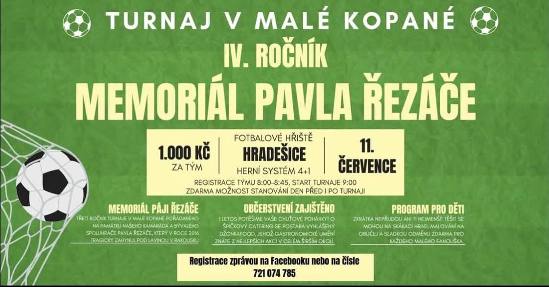 TJ Sokol Hradešice zve občany v sobotu 11.7. od 9:00 na fotbalový memoriál Pavla Řezáče, který se uskuteční na fotbalovém hřišti v Hradešicích.  Pro děti je zdarma zajištěno občerstvení, skákací hrad a profi malování na obličej.  Přijďte se osvěžit míchaným drinkem, točenými alko i nealko nápoji. O catering se tento rok postará Džobkafood. Přijďte si s námi užít den plný sportu a zábavy!