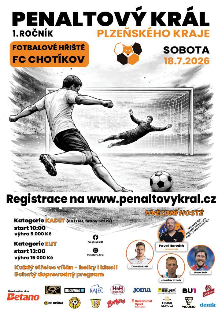 Fotbalové hřiště FC Chotíkov 1932 bude v sobotu 18. července od 10.00 hodin hostit krajské kolo soutěže Penaltový král. Do atraktivního klání se mohou zapojit střelci i gólmani, dívky i chlapci, ženy i muži.
