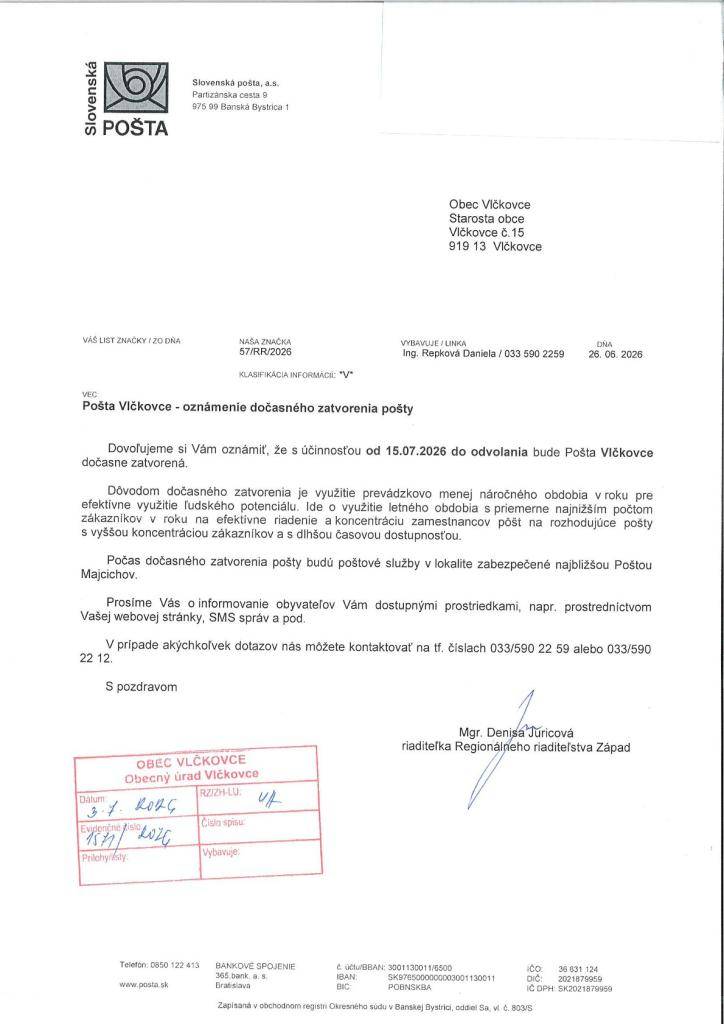 Oznámenie o dočasnom zatvorení pošty