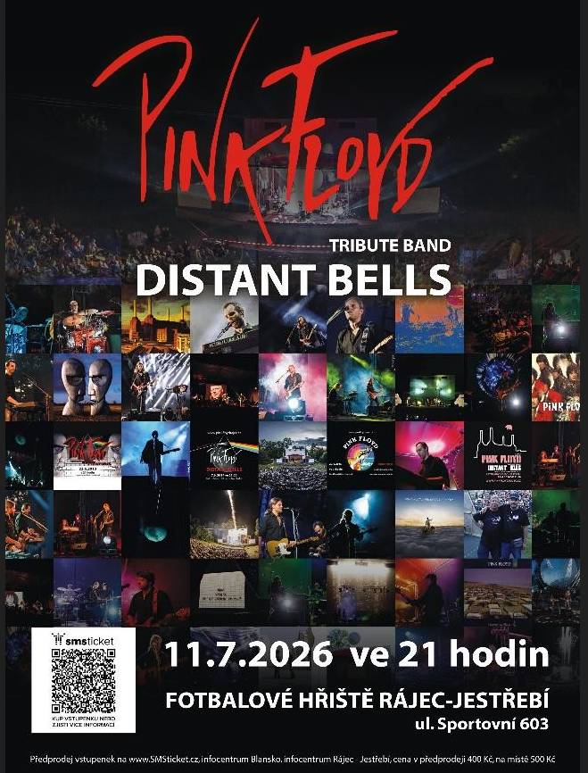 FK Rájec-Jestřebí Vás srdečně zve 11. července od 21 hod na tréninkové fotbalové hřiště na koncert špičkové tribute kapely Pink Floyd, brněnské kapely Distant Bells, která již více jak 20 let přináší věrný zvuk, atmosféru i emoce legendární britské skupiny. Tradiční letní koncert slibuje nezapomenutelný večer plný největších hitů i skladeb pro opravdové fanoušky. Přijďte si užít jedinečný letní večer pod širým nebem. Občerstvení je zajištěno. Předprodej vstupenek je přes SMSticket a IC Rájec-Jestřebí