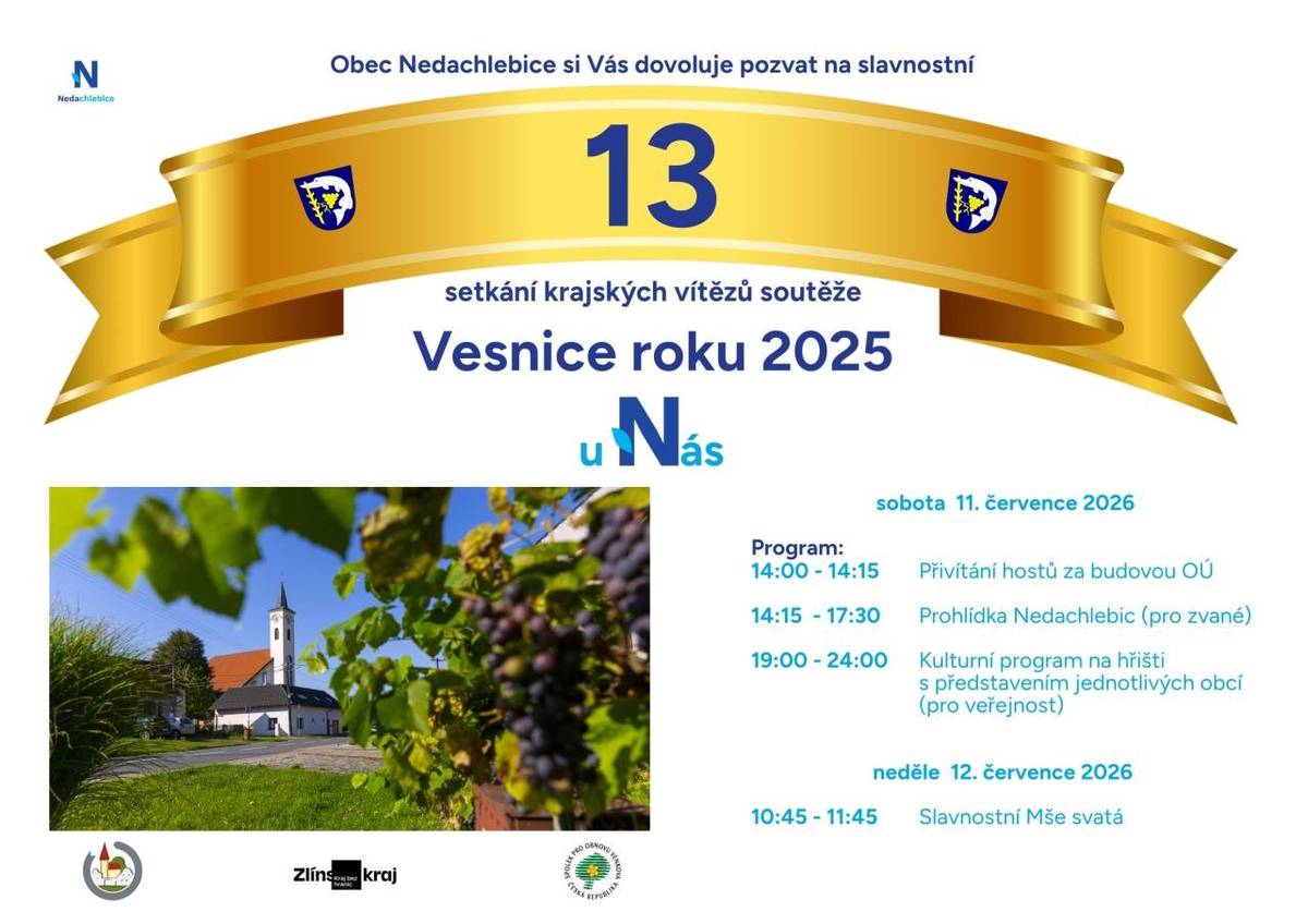 Obec Nedachlebice zve všechny spoluobčany na společenskou akci do areálu TJ v sobotu 11.7. od 18:00. Setkáme se zde se zástupci dalších obcí, které ve svých krajích vyhráli soutěž Vesnice roku 2025. Hudba a občerstvení zajištěno. Vstupné zdarma.