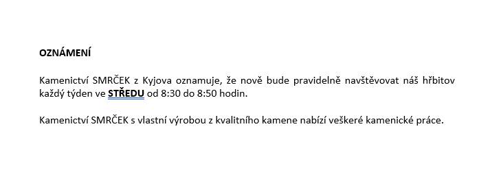 OZNÁMENÍ - KAMENICTVÍ SMRČEK