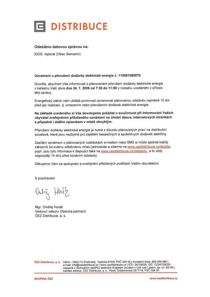 ČEZ Distribuce  24.7.2026 od 7:30 - 11:00 hodi
