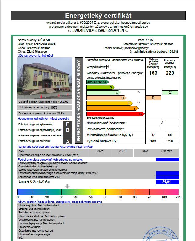 Z Ministerstva dopravy SR sme získali dotáciu vo výške 3 321 €. Financie poslúžia na vypracovanie energetického certifikátu a pasportu spoločnej budovy obecného úradu a kultúrneho domu. Tieto dokumenty zhodnotia technický stav a navrhnú riešenia na zníženie energetickej náročnosti.