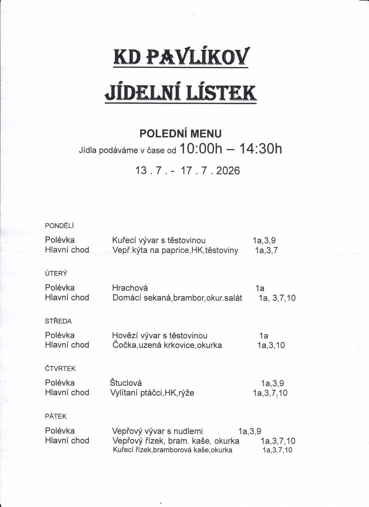 Jídelní lístek KD Pavlíkov od 13.7.do 17.7.2026