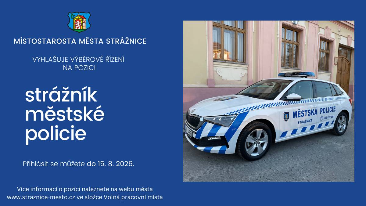 Město Strážnice vyhlašuje výběrové řízení na pozici strážník/strážnice MěPo. 👉 Požadujeme mj. středoškolské vzdělání s maturitou, řidičský průkaz sk. B, bezúhonnost a dobrou fyzickou i psychickou kondici. 👉 Nabízíme stabilní práci, odpovídající platové ohodnocení a odbornou přípravu. 📅 Nástup: od 1. 11. 2026 (nebo dle dohody) 📩 Přihlášky zasílejte do 15. 8. 2026 Více informací na webu města: https://straznice-mesto.cz/volna%2Dpracovni%2Dmista/ds-1407/p1=30989