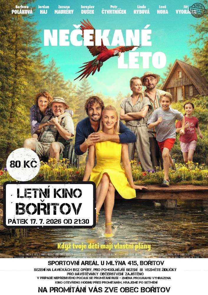 ve sportovním areálu U Mlýna. Promítat se bude česká komedie Nečekané léto. Přijďte si užít příjemný letní večer pod širým nebem. Občerstvení bude zajištěno. Srdečně zve Kulturní komise.
