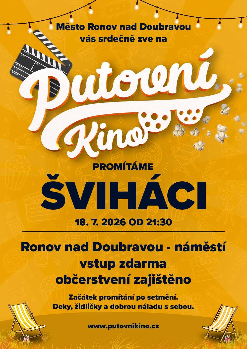 Městský úřad v Ronově nad Doubravou zve širokou veřejnost na letní kino, které se uskuteční na náměstí v sobotu 18. července od 21:30 hodin. Promítat se bude česká komedie Šviháci. Vstup zdarma, občerstvení zajištěno.