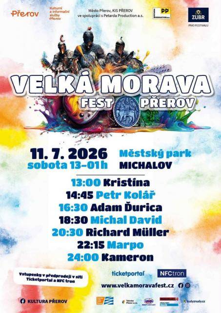 Do Přerova se vrací rodinný festival Velká Morava Fest, který se už potřetí uskuteční v malebném prostředí městského parku Michalov. Návštěvníky čeká v sobotu 11. července den plný koncertů, dobrého jídla, zábavy i letní pohody. Hudební program nabídne řadu známých jmen. Na festivalovém pódiu vystoupí Kristína, Petr Kolář, Adam Ďurica, Michal David, Richard Müller, Marpo a Kameron. Koncerty odstartují ve 13 hodin a hudební maraton potrvá až do nočních hodin. Velká Morava Fest myslí také na rodiny s dětmi. Připravena bude dětská zóna s atrakcemi a doprovodným programem, přičemž děti do 12 let mají v doprovodu dospělé osoby vstup zdarma. Chybět nebudou stánky s občerstvením, nápoji ani odpočinkové zóny, které dotvoří pohodovou festivalovou atmosféru. Město Přerov navíc ve spolupráci s Dopravní společností města Přerova zajistilo v den konání festivalu bezplatnou městskou autobusovou dopravu, aby návštěvníci mohli pohodlně dorazit na akci i zpět domů bez starostí s parkováním
