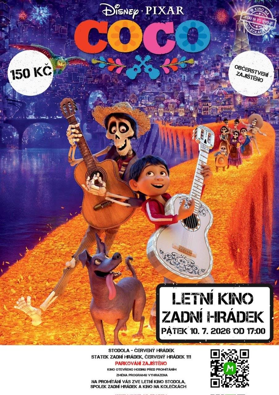 Vážení občané, zveme Vás na letní kino ve stodole na statku v Zadním Hrádku (Červený Hrádek čp.111), které se koná v pátek 10. července 2026. Akce začne pohádkou Coco v 17:00 a večer zakončí film Poberta, který začne v 19:00. Přijďte si užít příjemný večer s rodinou a přáteli v krásném prostředí! Více informací na plakátech.