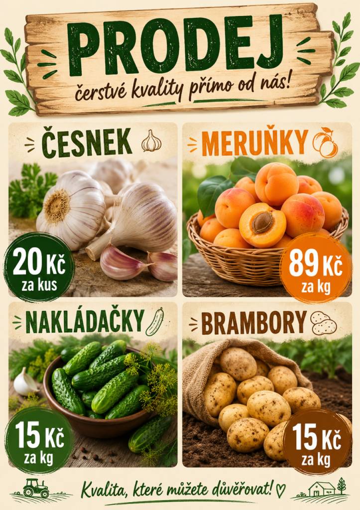 Dovolujeme si Vás informovat, že na horním parkovišti se v pátek 10.7.2026 od 15:00 do 15:30 uskuteční prodej ovoce a zeleniny.