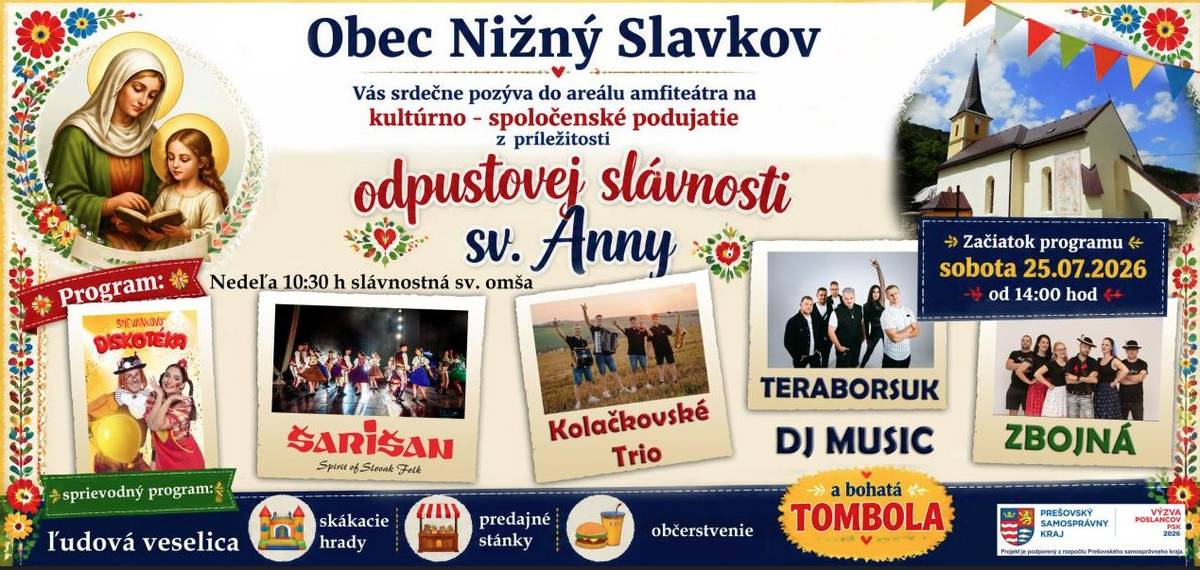 Obec Nižný Slavkov Vás srdečne pozýva do areálu amfiteátra na kultúrno - spoločenské podujatie dňa 25. 07. 2026 so začiatkom o 14:00 hod.