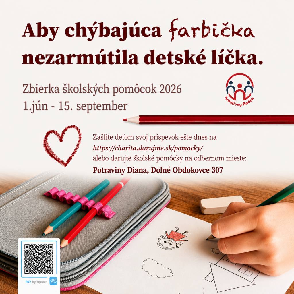 Po roku opäť otvorené zberné miesto pre školské pomôcky v Dolných Obdokovciach.  Aj tento rok sa Kreatívny Bodok o. z. zapája do zbierky školských pomôcok, aby bol začiatok školského roka pre deti o niečo ľahší a krajší.