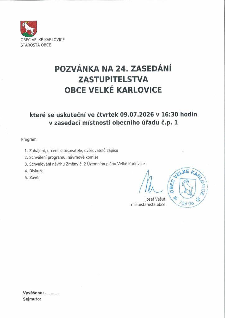- 24. zasedání Zastupitelstva obce Velké Karlovice   - Divadelní komedie v amfiteátru u muzea  - Prodej drůbeže