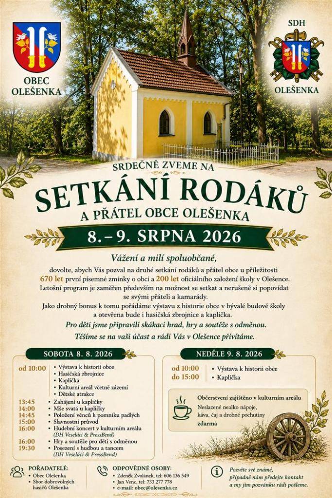 V termínu 8. - 9. srpna 2026 bude probíhat setkání rodáků a přátel obce Olešenka.