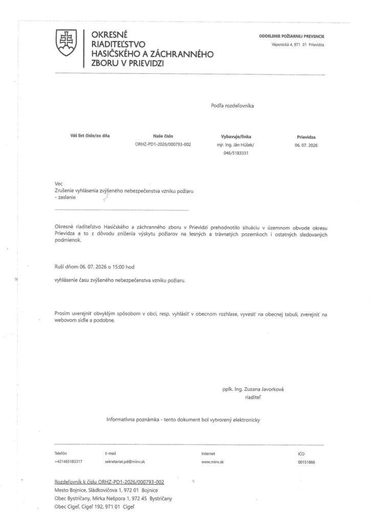 Čas zvýšeného nebezpečenstva vzniku požiaru - zrušenie